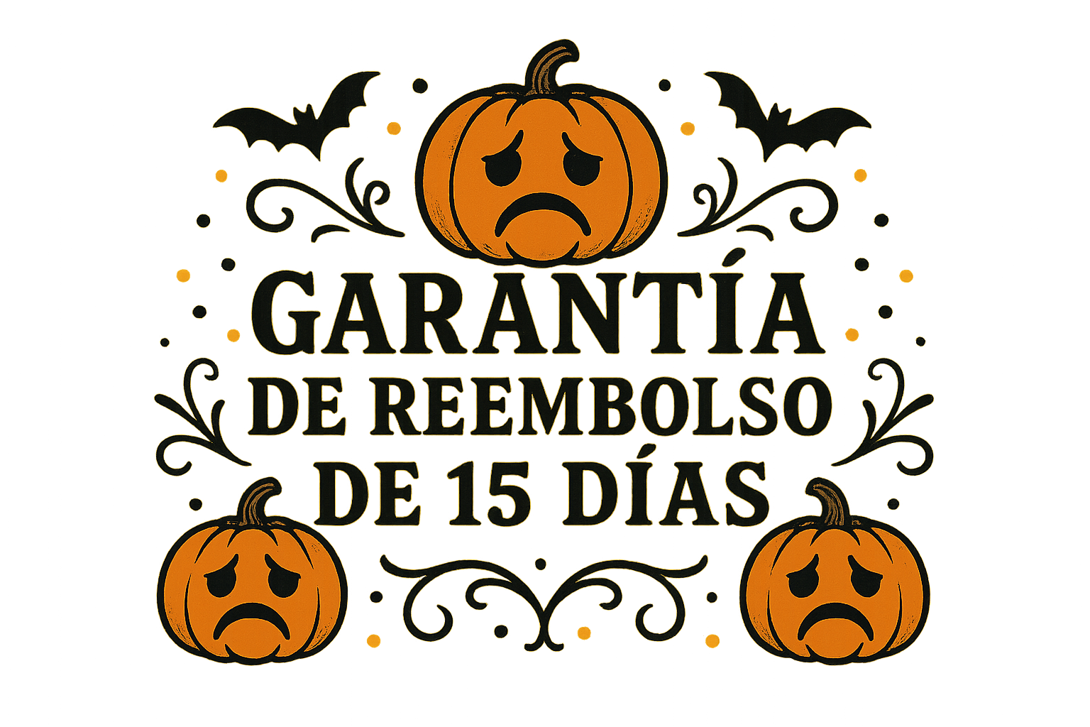 Un logo estilo halloween que ponga "garantia de rembolso de 15 dias" de color negro, y que el logo incluya calabazas con cara triste